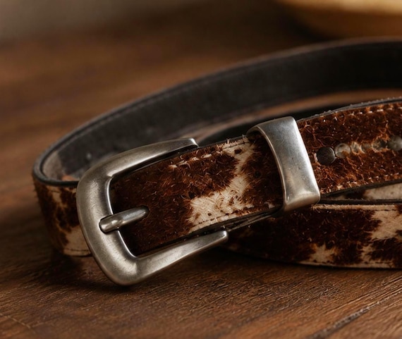 Cowhide Leather Belt, Genuine Cowhide Belt, Western Leather Belt, Hair On Hide Belt, Vintage Cowboy Belt, Rustic Luxury Belt