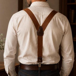 May include: A pair of brown braces worn over a long-sleeved white button-down shirt. The braces feature a Y-back design with a dark brown leather patch at the junction and metal clips attached to a dark brown leather belt at the waist.