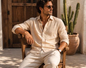 Men's Linen Cotton Jacket, Casual Luxury Summer Layer, Lightweight Resort Wear, Elegant Relaxed Fit Overshirt