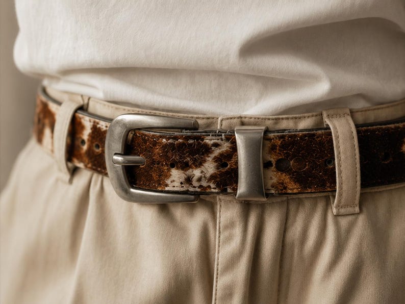 May include: A belt featuring a brown and white cowhide pattern with a textured, fur-like appearance. The belt is secured with a matte silver-toned metal buckle and a matching metal keeper loop, threaded through the belt loops of beige trousers.