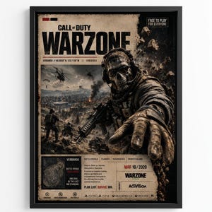 May include: A framed Call of Duty Warzone poster featuring a soldier in a skull mask reaching forward. The graphic includes a battlefield scene with helicopters, text detailing game modes, the release date of March 10, 2020, and Activision branding.