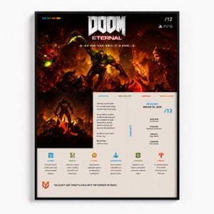 Może przedstawiać: Oprawiony plakat do gry wideo "DOOM Eternal". Grafika przedstawia centralną postać w zielonej zbroi, otoczoną przez ogniste demony. Tekst zawiera tytuł gry, "RIP AND TEAR, UNTIL IT IS DONE" oraz szczegóły gry.