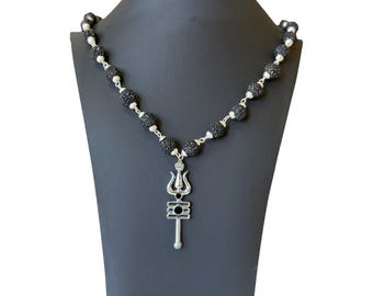 Rudraksha Trishul Shiva Lingam Halsband | Svarta Fröpärl Mala, Spirituella Smycken