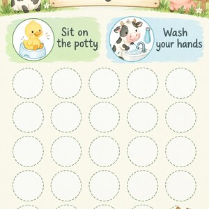 May include: A farm-themed potty training chart featuring a wooden sign with the text Potty Training Chart, illustrations of a cow, pig, sheep, horse, and chick, and two instructional circles labeled Sit on the potty and Wash your hands.