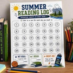 May include: A white paper summer reading log featuring a mountain landscape, a yellow sun, and a grid of thirty-five numbered sun icons to color. The text reads: SUMMER READING LOG, ADVENTURE AWAITS IN EVERY BOOK, MY GOAL, I READ, and GREAT JOB.