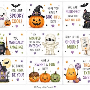 May include: A set of nine rectangular Halloween-themed cards featuring illustrations of a ghost, pumpkin, black cat, cauldron, mummy, haunted house, and candy corn. Each card includes colorful text phrases like You are spooky cool and You got this.