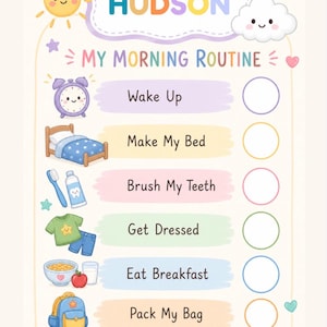 Könnte beinhalten: Ein farbenfrohes, illustriertes Morgenroutine-Diagramm für ein Kind namens Hudson. Die Tabelle enthält Bilder und Text für Aufgaben wie Aufwachen, Bett machen, Zähneputzen, Anziehen, Frühstück essen, Tasche packen und Gehen.