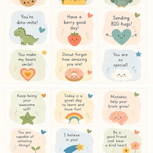 May include: A sheet of eighteen square stickers featuring pastel backgrounds and cute illustrations with encouraging phrases like You are one smart cookie, Taco 'bout awesome, Owl always love you, You're dino-mite, Have a berry good day, Sending BIG hugs, and more.
