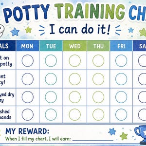 Puede incluir: Una tabla de entrenamiento para ir al baño con fondo de acuarela azul y verde. Incluye una cuadrícula para seguir objetivos diarios como sentarse en el orinal, ir al baño, mantenerse seco y lavarse las manos. Con iconos de inodoro y trofeo.