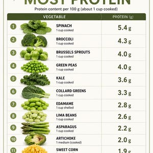Può includere: Tabella informativa che elenca le verdure con più proteine per 100 g (circa 1 tazza cotta). Include spinaci, broccoli, cavoletti di Bruxelles, piselli, cavolo nero, cavolo nero, edamame, fagioli di Lima, asparagi, carciofo, mais dolce e cavolfiore.