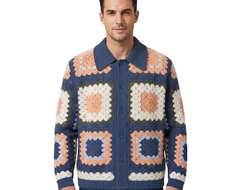 Vintage Granny Square Crochet Cardigan | Blue Patchwork Knit Sweater | Boho Button-Up Collared Cardigan | Cozy Retro Jacket Gift