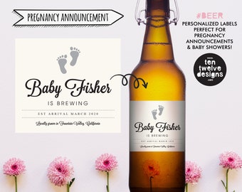 Baby is Brewing, Pregnancy Announcement, Beer Bottle Label, Personalized, Gender Reveal, Baby Shower, Peel and Stick Label, Gray