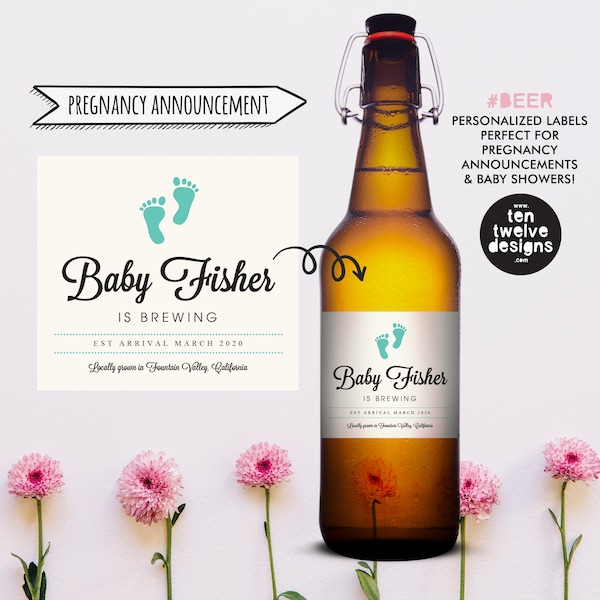 Baby is Brewing, Pregnancy Announcement, Beer Bottle Label, Personalized, Gender Reveal, Baby Shower, Peel and Stick Label, Teal