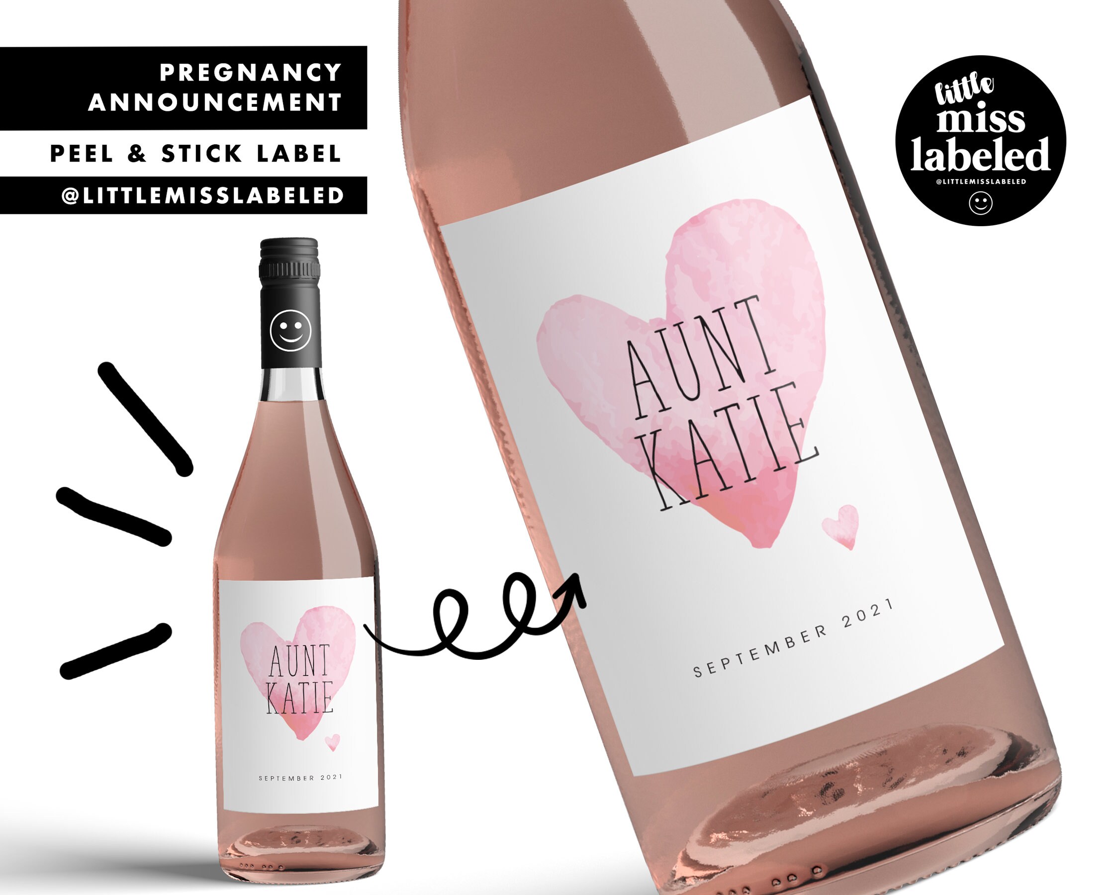 Aunt, Heart, Pregnancy Announcement Wine Label, Personalized, Baby Announcement, Gender Reveal, Baby Shower, Peel and Stick Label, Wine Gift
