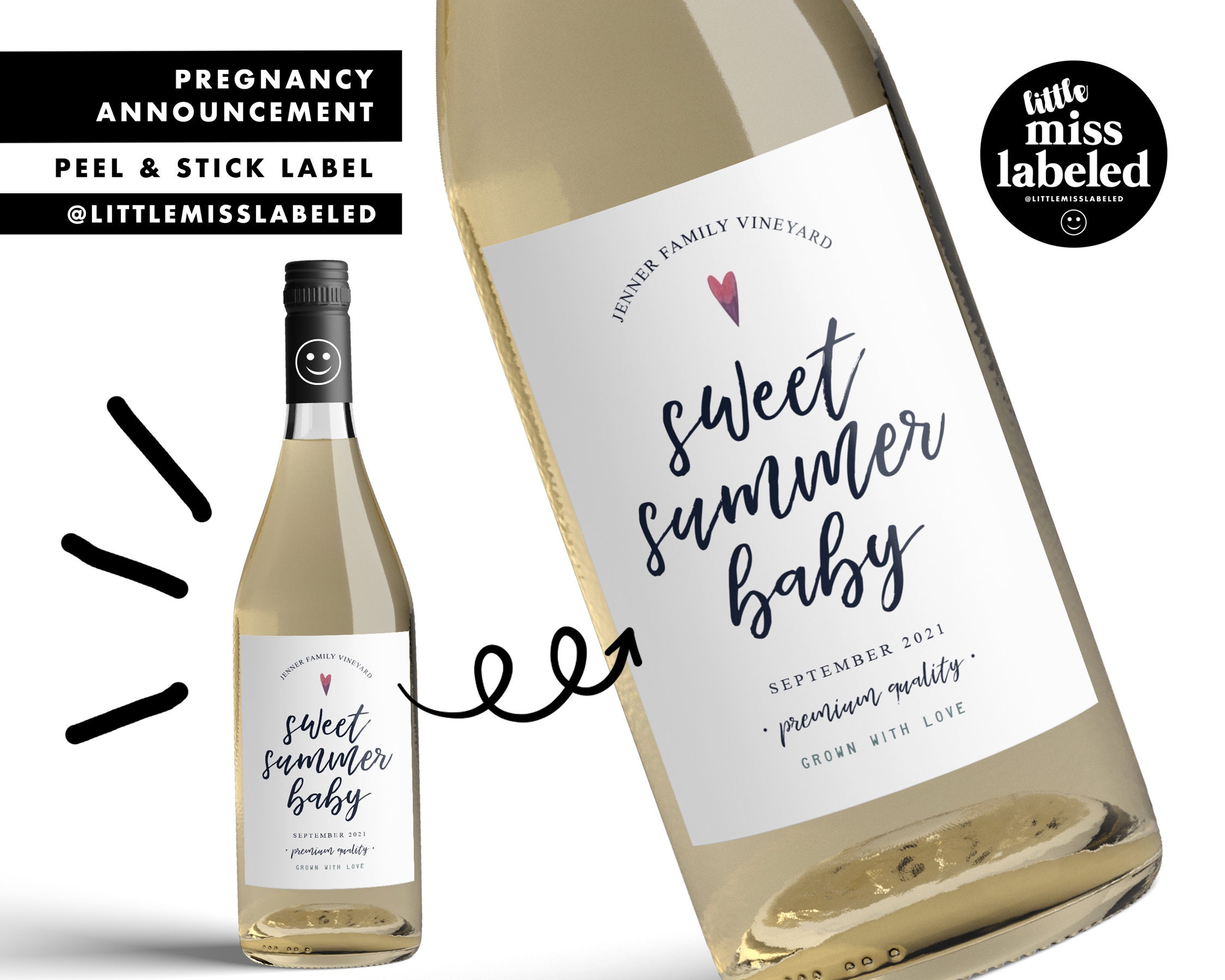 Sweet Summer Baby, Pregnancy Announcement, Wine Label, Personalized, Baby Announcement, Gender Reveal, Baby Shower, Peel and Stick Label