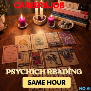 May include: A tarot card reading setup featuring multiple cards laid out on a wooden surface, accompanied by three lit candles in purple and white, a bowl of polished stones, and a stack of books. Text overlays read CAREER&JOB, PSYCHICH READING, and SAME HOUR.