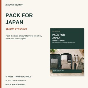 以下が含まれることがあります： 「Pack for Japan Season by Season」と題された18ページ、5つの実用ツールを含むデジタルガイド。表紙には、折りたたまれた衣類、スニーカー、折りたたみ傘、トートバッグが詰められたダークグリーンのスーツケースが明るい表面の上に配置されている様子が写っている。