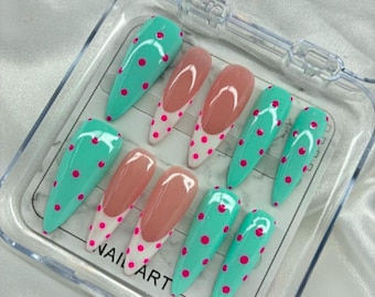 Press On Nails « Candy Pop » | Turquoise & pois roses | Faux ongles fun et colorés faits main