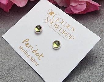 Sterling Silver Peridot Stud Earrings, Lime Green Cabochon, Handmade