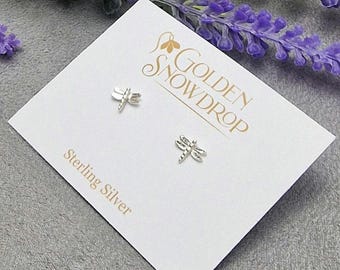 Tiny Dragonfly Stud Earrings, Nature Inspired Sterling Silver Jewellery