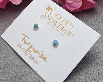 Turquoise Stud Earrings, Sterling Silver 3mm Cabochon Gemstone
