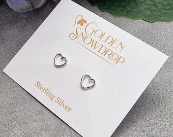Sterling Silver Heart Outline Stud Earrings, Handmade Minimalist Jewelry