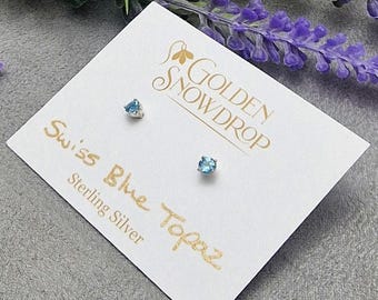 Swiss Blue Topaz Sterling Silver Stud Earrings, Leaf Design (3mm)