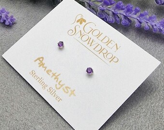 Tiny Amethyst Stud Earrings, Sterling Silver, February Birthstone