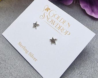 Sterling Silver Star Stud Earrings, Dappled Finish (6mm)