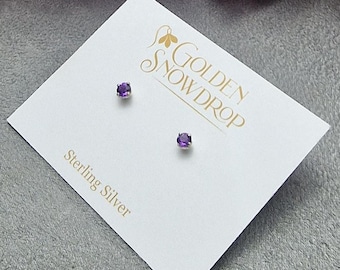Tiny Amethyst Stud Earrings, Sterling Silver, February Birthstone