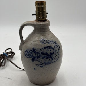 Vintage 1985 Rowe Pottery Works Stoneware Handled Crock Lamp Blue Bird Design