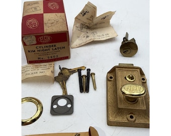 Antique Elgin Brass Deadbolt Lock Architectural Salvage Door Hardware Box & Keys