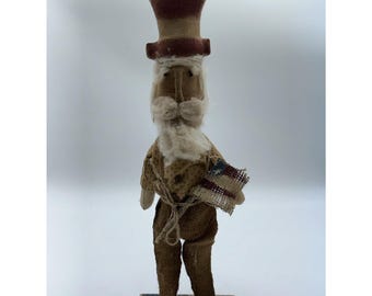 Primitive Americana Uncle Sam Doll.. Wooden Stand Artist Made.. Prim Perfect 19"