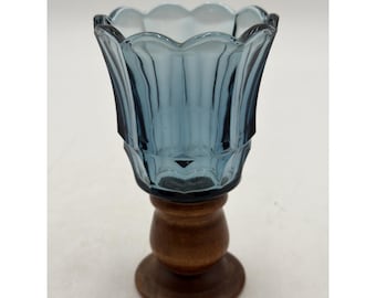 Vintage MCM HOMCO Träljusstake Blå Glas Tulpanpinne Votivkopp Cottagecore