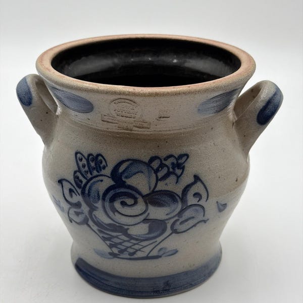 Rowe Pottery Double Handled Vase Crock Stoneware Cobalt Blue Salt Glaze 1989