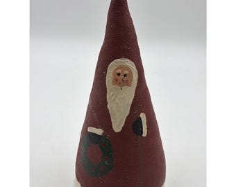 Vintage Prim Artist Signed Hand Made Oil Cloth Painted Folk Art Santa Claus