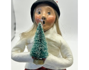 Vintage 1990 Byers' Choice Carolers White Coat Red Plaid Skirt W/Tree 9 1/2"