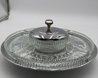 Kromex Lazy Susan Relish Tray Serving Chrome and Pressed Glass Vintage 50s 13"