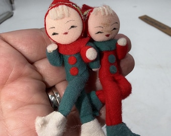 Vintage Christmas 1950's Pixie Elves Set 2 Figure Posable Elf Ornament Japan