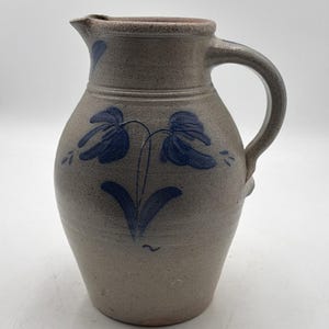 Large Vintage 1984 Rowe Pottery Pitcher Jug 12" Cobalt Blue Floral Design