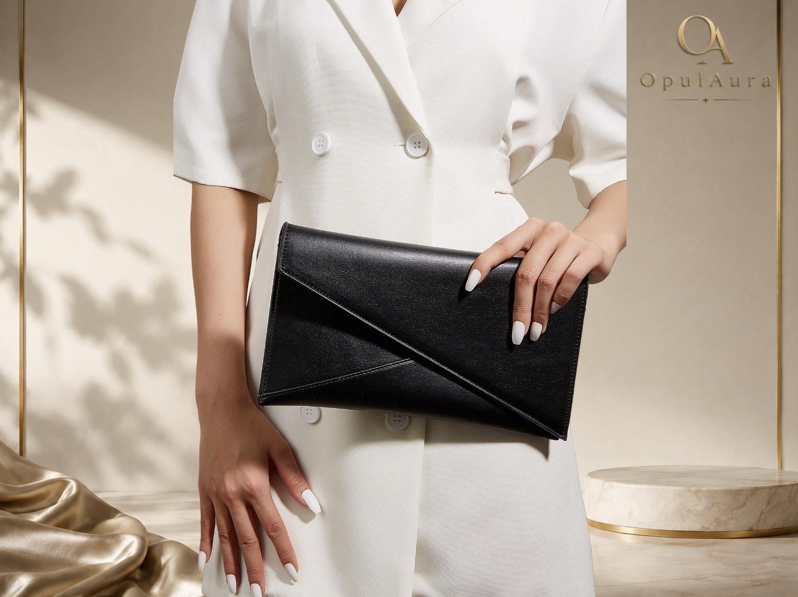 Black Envelope Clutch Bag, Elegant Evening Purse, Minimalist Leather Handbag, Wedding Clutch, Formal Party Bag for Women