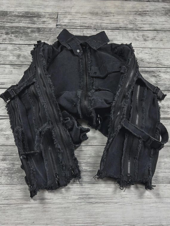 Vintage Distressed Denim Coat Avant Garde Gothic Tactical Buckles Faded Jet Black Shaggy Heavyweight Outerwear Punk Rock Blouson Jumper L