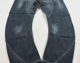 Vintage G95 Baggy Jeans DNM Industry 3D Curved Twisted Leg White Stitch Dark Wash Blue Skater Grunge Gorpcore Technical Trousers W32
