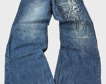 Vintage Yuder 99 Baggy Jeans Blue Multi Panel Rave Skate Jeans Big Logo Embroidered Graffiti Star Low Rise JNCO Vibe Cyber Grunge Men W32