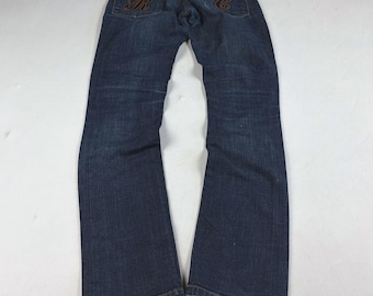 Vintage Roberto Cavalli Jeans Leather RC Monogram Back Pocket Accent Dark Wash Indigo Slim Trousers Y2K McBling Luxury Italian Denim