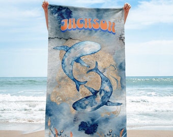 Personalized Shark Beach Towel for Kids Under the Sea Name Towel Blue Watercolor Beach Towel Summer Gift for Boys Custom Pool Towel