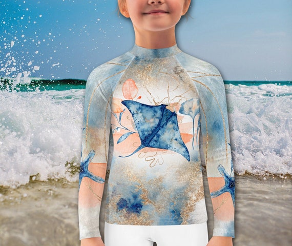 Kids Long Sleeve Rash Guard Girls Rash Guard Sun Protection Sun Shirt Sting Ray Swim Shirt for Kids Beach Tee Shirt Custom Rash Guard