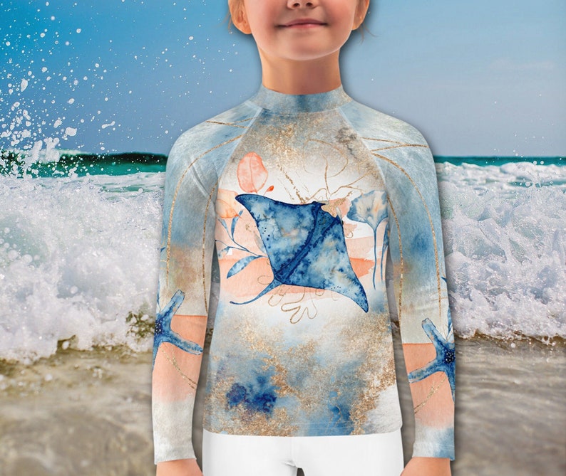 Kids Long Sleeve Rash Guard Girls Rash Guard Sun Protection Sun Shirt Sting Ray Swim Shirt for Kids Beach Tee Shirt Custom Rash Guard image 1