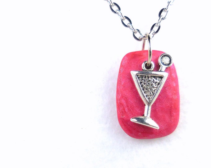 Martini Charm Necklace, Pink Martini Jewelry, Stocking Stuffer, Martini