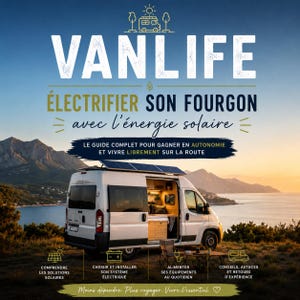 Peut inclure: Couverture de livre avec le titre "VANLIFE" en grandes lettres blanches. Le texte en dessous indique "ÉLECTRIFIER SON FOURGON avec l'énergie solaire". L'image présente un van blanc avec des panneaux solaires, garé près d'un plan d'eau. Texte additionnel : "Le guide complet pour gagner en autonomie et vivre librement sur la route."
